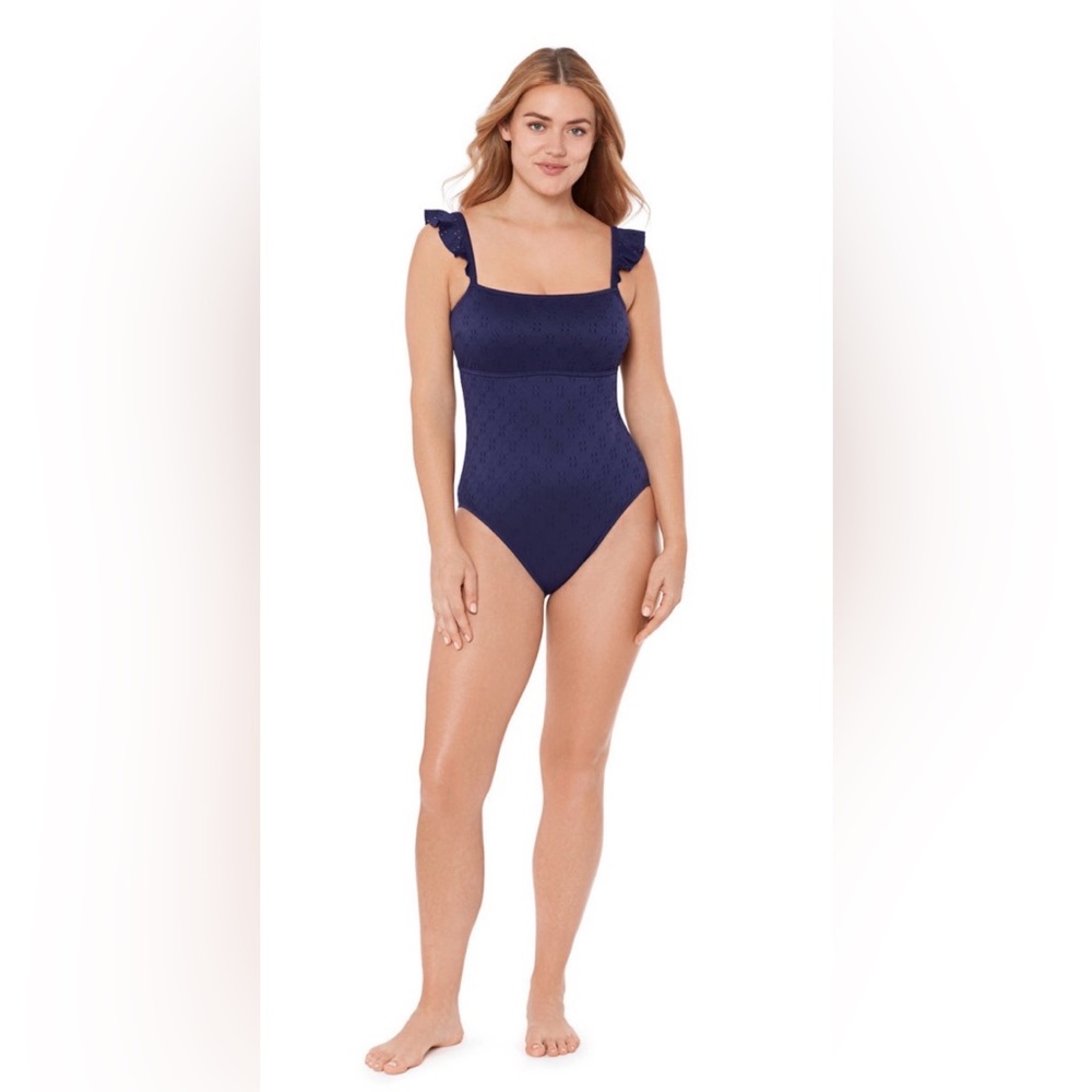 DraperJames ladies one piece eyelet design swimsuit with ruffle straps; size: M